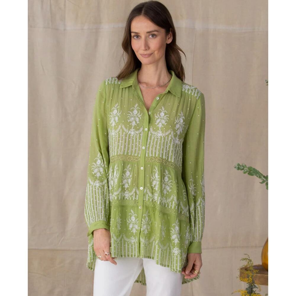 NWT SUNDANCE Royal Riviera Tunic Fern Green White Embroidered Top Small